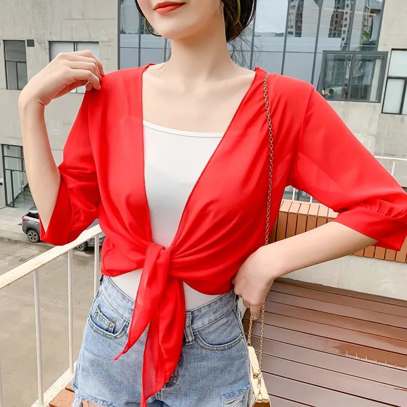 Sheer Chiffon Short Sleeve Sun Protection Cover-Up