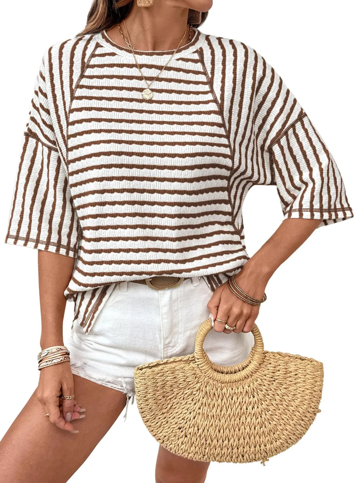 🔥🔥Womens Summer Tops Oversized Tshirts for Women Striped Color Block Short Sleeve T Shirts Crewneck Casual Tee Blouses