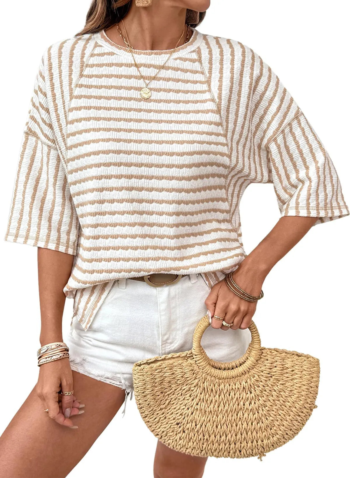 🔥🔥Womens Summer Tops Oversized Tshirts for Women Striped Color Block Short Sleeve T Shirts Crewneck Casual Tee Blouses