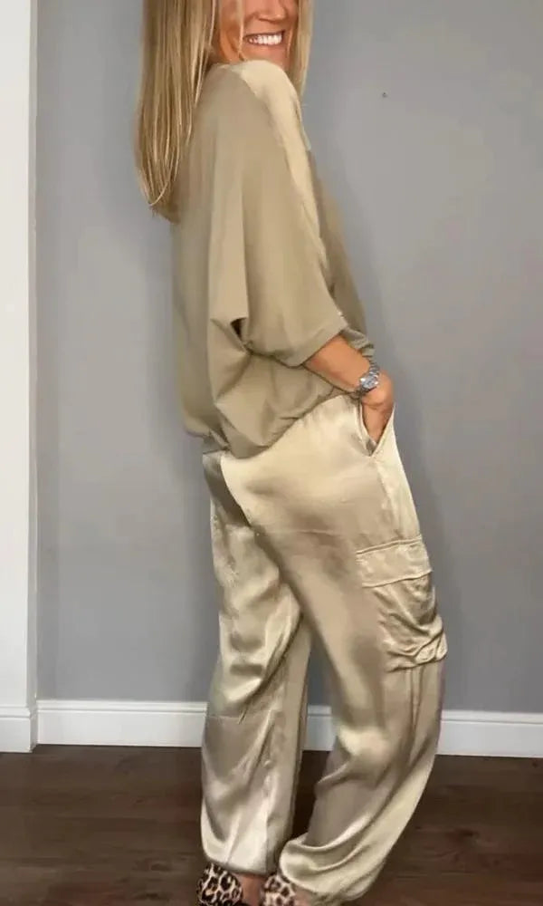 👗Smooth Satin Half-sleeved Top and Pants Set💝