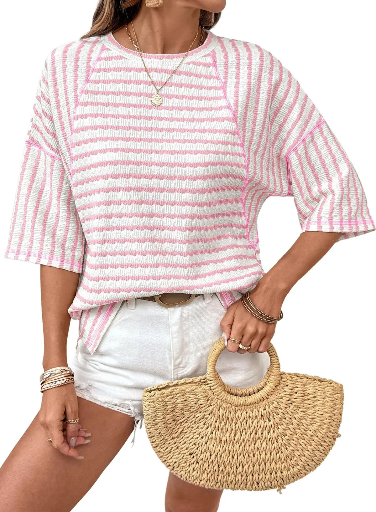 🔥🔥Womens Summer Tops Oversized Tshirts for Women Striped Color Block Short Sleeve T Shirts Crewneck Casual Tee Blouses