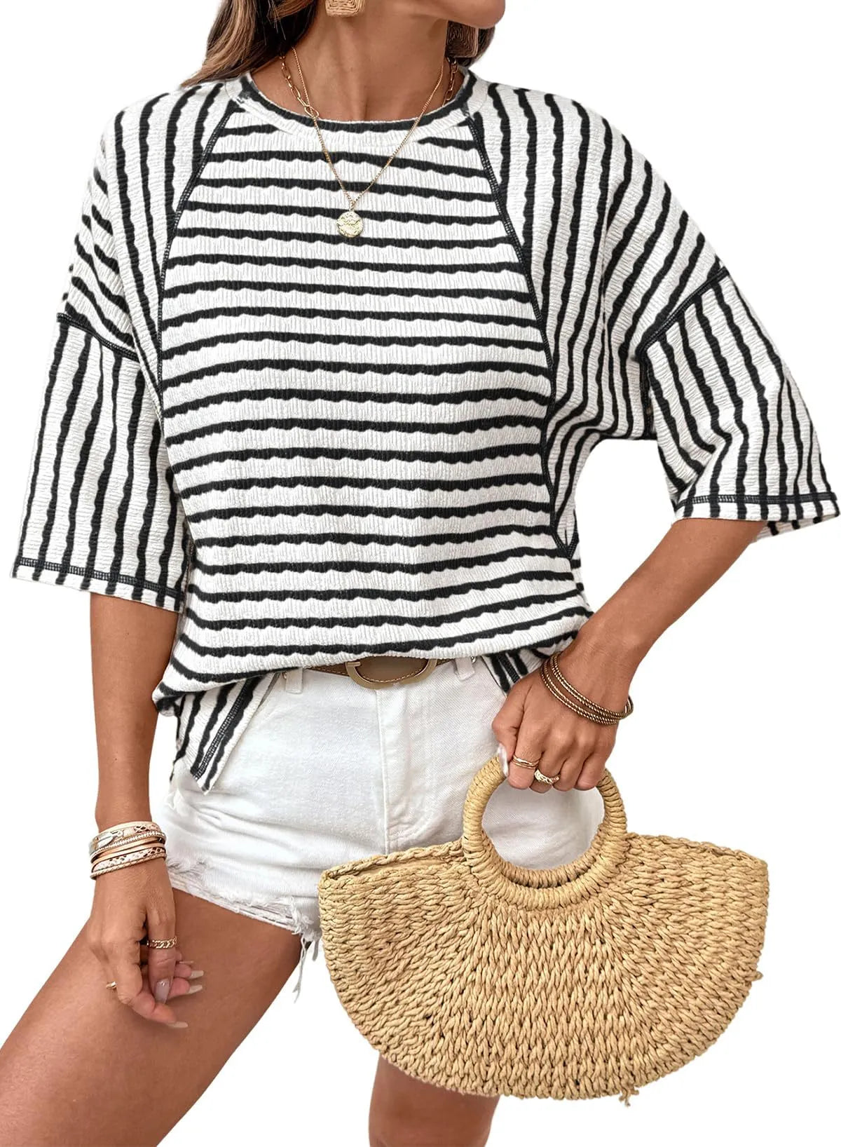 🔥🔥Womens Summer Tops Oversized Tshirts for Women Striped Color Block Short Sleeve T Shirts Crewneck Casual Tee Blouses