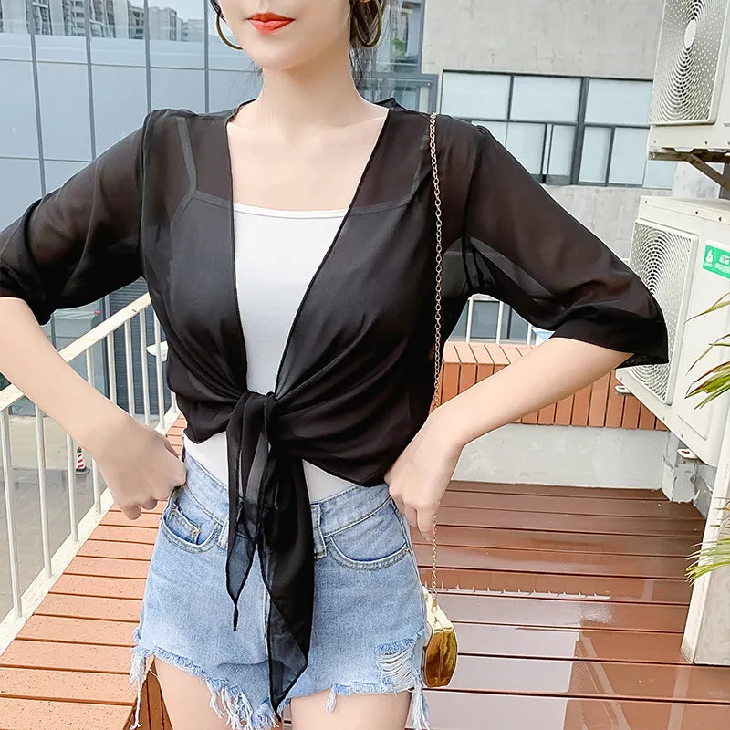 Sheer Chiffon Short Sleeve Sun Protection Cover-Up