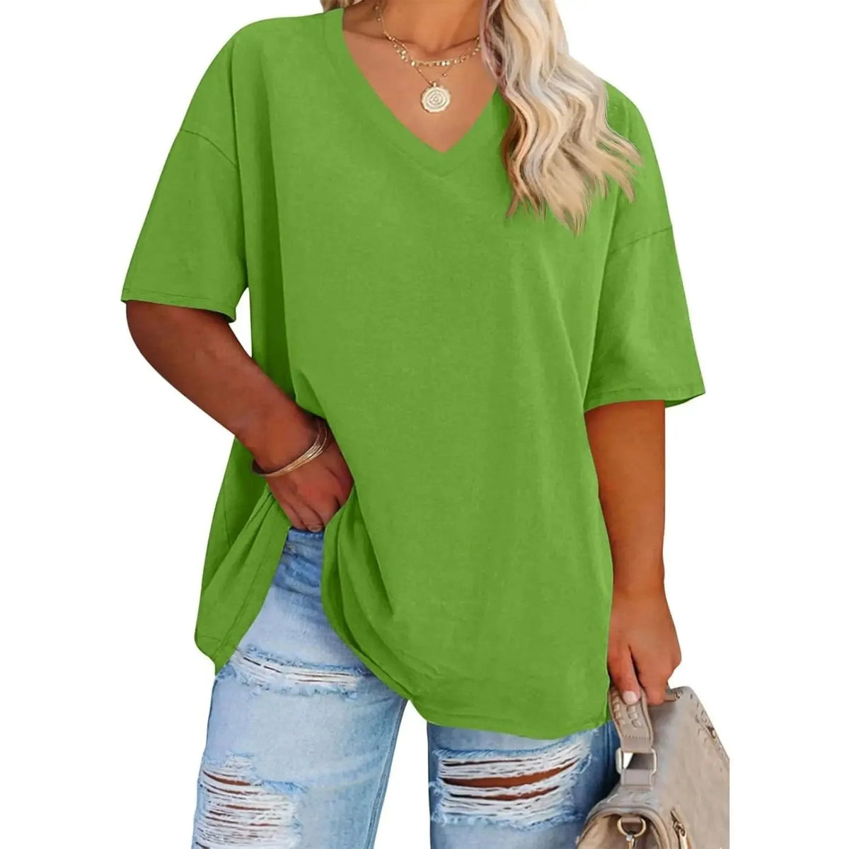 Women's Plus Size V Neck T Shirts Summer Half Sleeve Tees Casual Loose Polyester-Spandex Tunic Tops