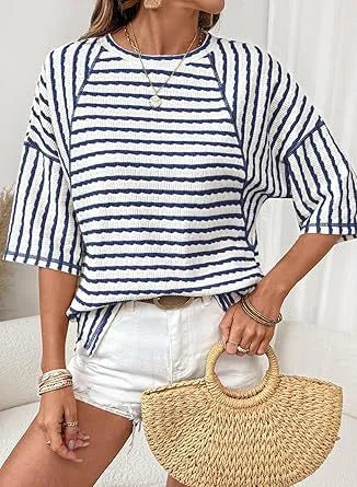 🔥🔥Womens Summer Tops Oversized Tshirts for Women Striped Color Block Short Sleeve T Shirts Crewneck Casual Tee Blouses