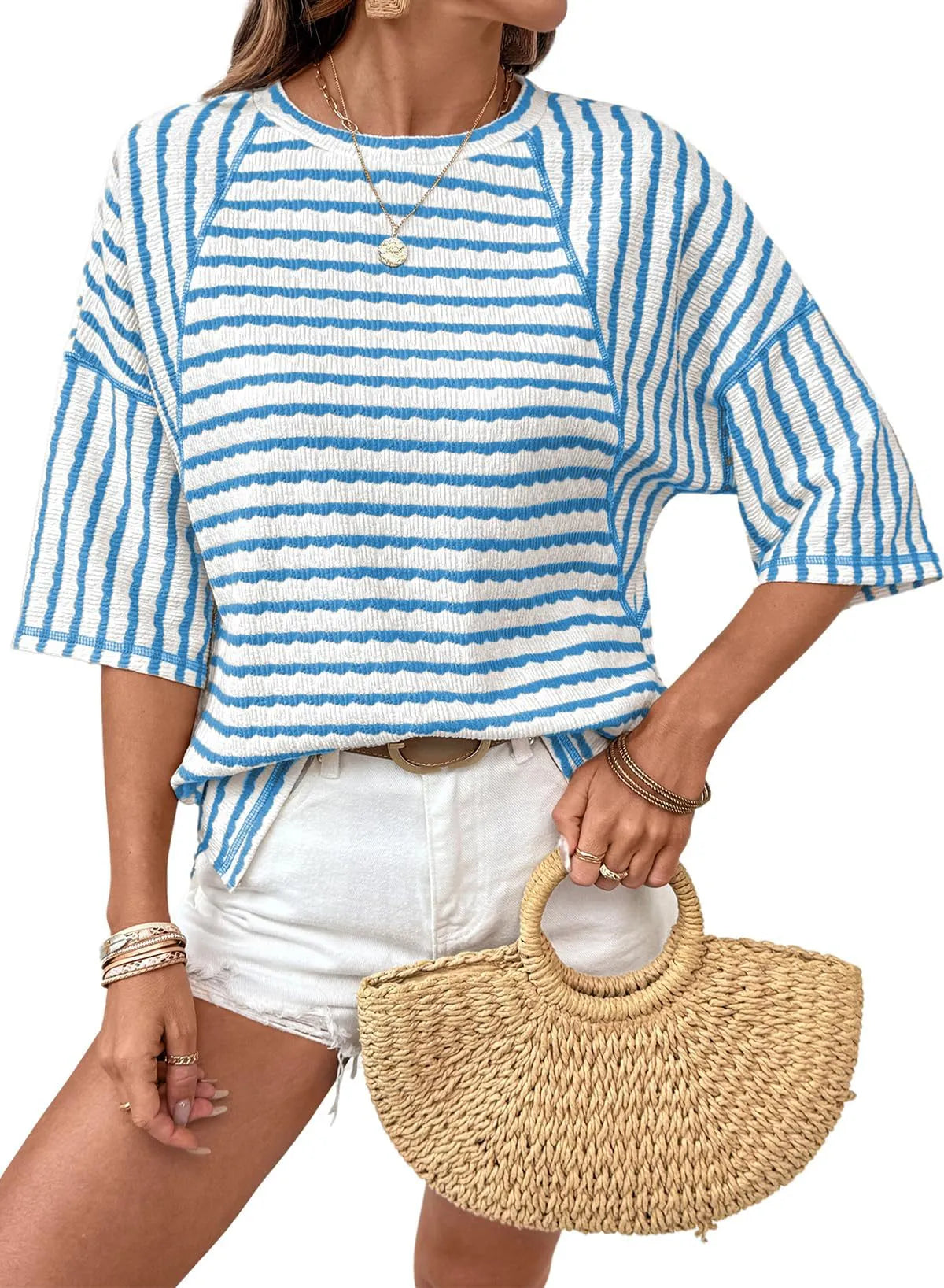 🔥🔥Womens Summer Tops Oversized Tshirts for Women Striped Color Block Short Sleeve T Shirts Crewneck Casual Tee Blouses